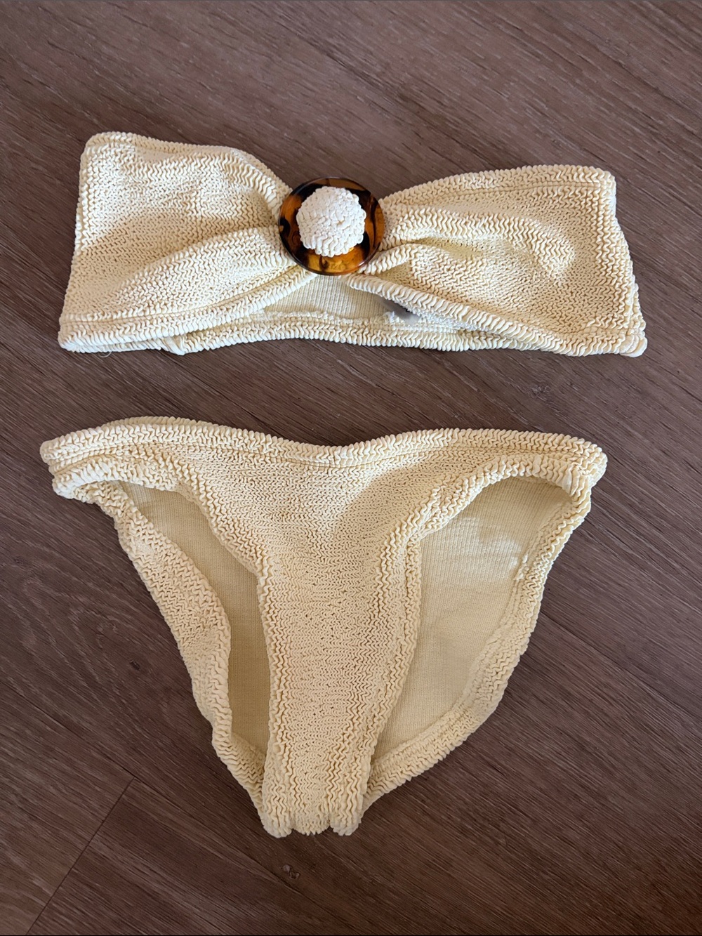 Hunza G Pale yellow Textured Bandeau Bikini with Tortoiseshell Ring